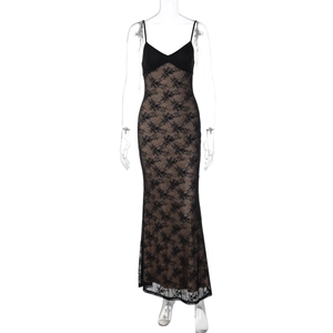 Detailed view of intricate floral lace embroidery on black V-neck backless evening dress