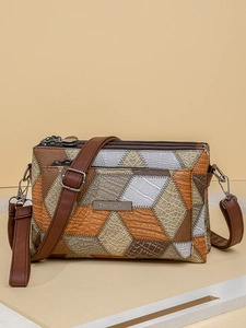 Retro multi-colored embossed PU leather crossbody bag with triple zipper compartments