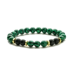 8mm beads bracelet with green malachite, black matte stones and golden metal spacers on white