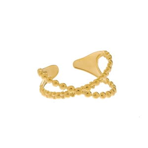Close-up of golden double-layer cross ring with beaded texture and adjustable open design