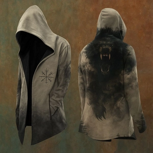Detail view of Viking symbols and bear print on gray gradient hooded cloak for men