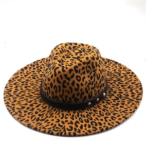 Fashionable leopard print wool fedora with orange base and studded leather band