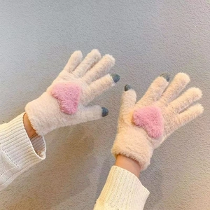 Winter beige plush faux mink fur gloves with pink heart and touchscreen fingertips