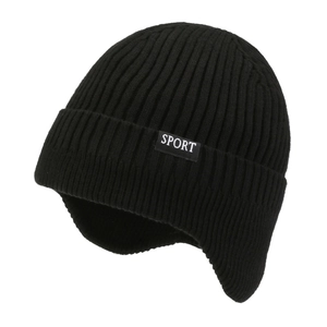 Thick black knitted winter hat with ear flaps and SPORT label for cold protection