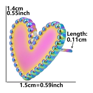 Detailed dimension view of rainbow heart stud earrings in 304 stainless steel