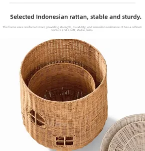 Detailed macro view of Indonesian rattan weaving and steel frame on a mushroom storage basket