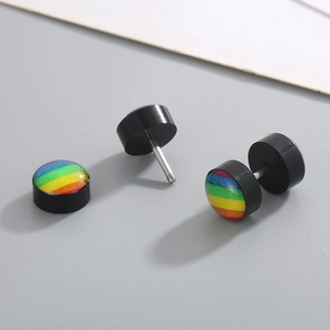Rainbow striped black round stainless steel stud earrings for men and women