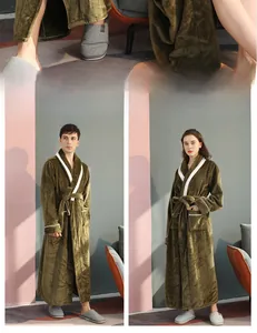 Detail view of plush olive green flannel bathrobe with contrasting white collar and waist tie