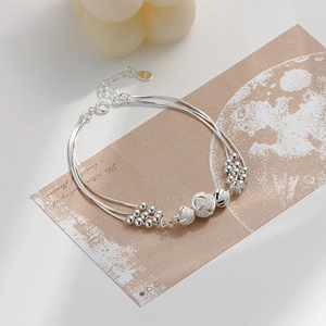 S925 Sterling Silver Multi-layer Round Bead Bracelet For Women Fashion Minimalist Sweet Carved Frosted Ball Adjustable Hand Jewelry Gift