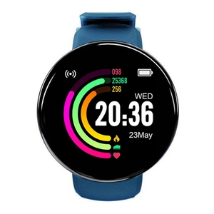 D18 smart sports watch with blue textured strap showing fitness data and heart rate tracker