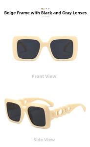 Detail view of square beige sunglasses with black lenses and chain-style temples