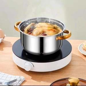 Food grade stainless steel soup pot with glass lid and golden handles on a white base