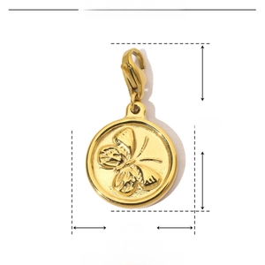 Technical dimensions of gold butterfly relief pendant with stainless steel clasp details