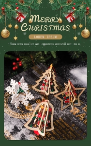 Détail des suspensions de Noël 3D en bois avec motifs de Père Noël et bonhomme de neige
