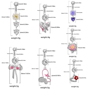 Guide des tailles de piercings de nombril en acier avec pendentifs rose et papillon
