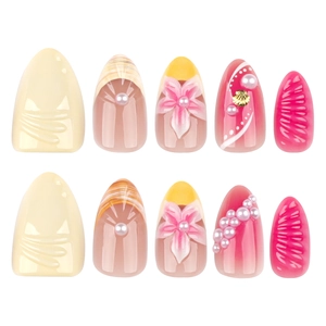 Short almond press-on nails with 3D shell relief, floral art, and pearl accents