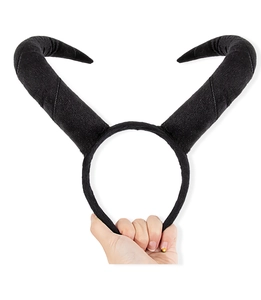 Close-up of black devil horn headband showing soft plush texture for Halloween party cosplay