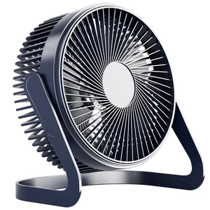 Mini desktop USB fan in navy blue with circular grille and integrated U-shaped stand