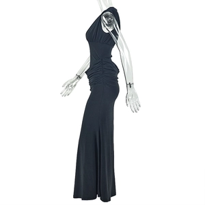 Detail view of the side ruching and slimming waistline on this black sleeveless maxi dress