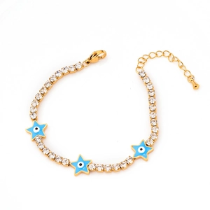 Gold-plated titanium steel bracelet with evil eye star charms and square cubic zirconia