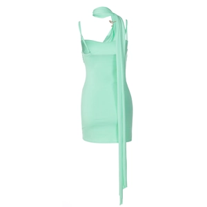 Mint green bodycon mini dress with elegant neck ties and slender shoulder straps