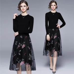 Abito Midi Con Ricamo A Farfalla Patchwork In Maglia E Rete Elegante Maniche Lunghe Vita Alta Linea A Nero Per Donna