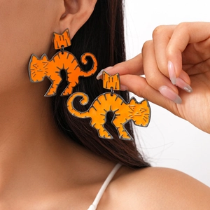 Unique orange cartoon crown cat earrings in minimalist drop oil style for women