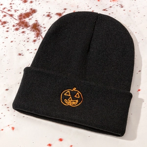 Japanese style black knitted beanie with orange pumpkin embroidery for Halloween warm wear