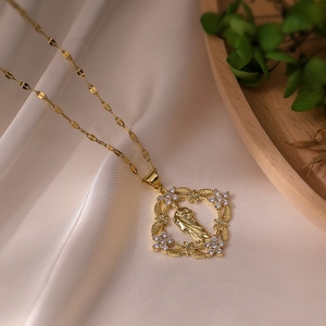 18K gold plated necklace with a geometric square pendant and Madonna and Child icon