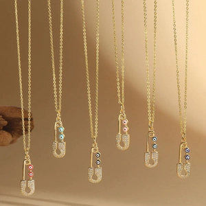 French Retro Evil Eye Safety Pin Pendant Necklace For Women Gold Plated Zirconia Inlaid Copper Choker Fashion Jewelry
