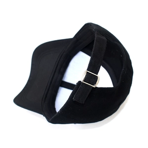 Black cotton baseball cap with adjustable strap and silver metal buckle back view