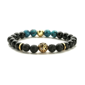Bracelet perles en acier inoxydable avec oeil de tigre, onyx et breloque croix dorée