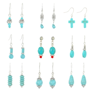 9-pair set of bohemian turquoise earrings in vintage silver-finish ethnic designs