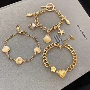 Stainless Steel Bracelet For Women Gold Plated Ocean Beach Style Heart Starfish Seashell Pendant Adjustable Chain