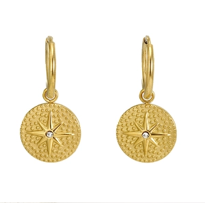Detail of 18K gold-plated compass earrings with center zircon on a white background