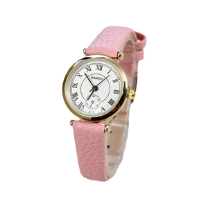Classic women's quartz watch with pink leather strap, gold case and Roman numeral dial