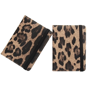 Leopard print RFID passport holder with black elastic band shown on white background