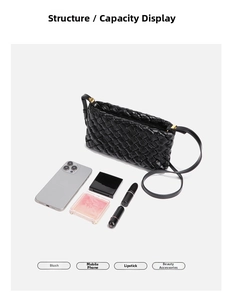 Top view of black woven crossbody bag showing ample interior space for phone and makeup