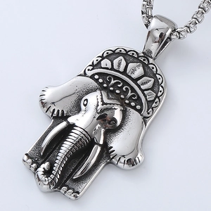 Detailed relief of silver stainless steel Ganesha elephant hamsa pendant necklace
