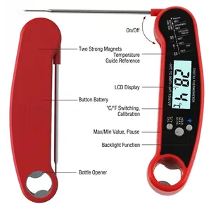 Digital folding meat thermometer with LCD backlight, probe, and built-in bottle opener