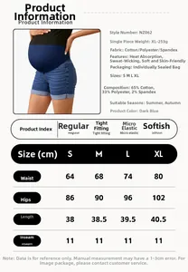 Size chart for dark blue maternity denim shorts with cotton polyester spandex fabric details
