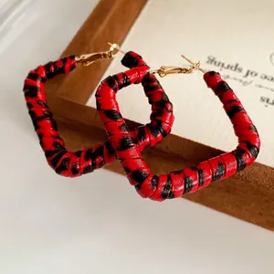 Maillard leopard print leather wrapped square hoop earrings with golden needles