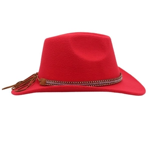 Detail of red wide-brim felt cowboy hat with studded band and brown leather tassel