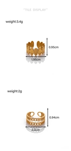 Detail showing dimensions of gold plated leaf and Cuban link textured adjustable rings