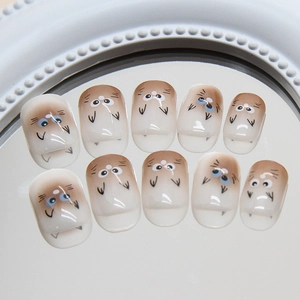 Cute cat pattern press-on nails with cream and white gradient in short round shape