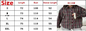 Size chart for vintage plaid shirt with detailed bust and length measurements in centimeters