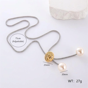Adjustable long sweater necklace with tree of life pendant and large white faux pearls