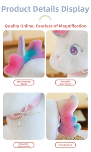 Detail showing plush fabric, embroidered eyes, and colorful unicorn mane on a toy