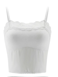 Detailed close-up of white lace trim on seamless comfortable wireless bra for women
