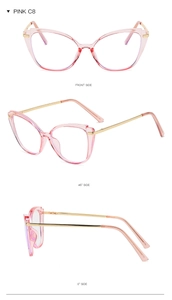 Three-view of pink cat-eye frame with gold metal temples and C8 model code